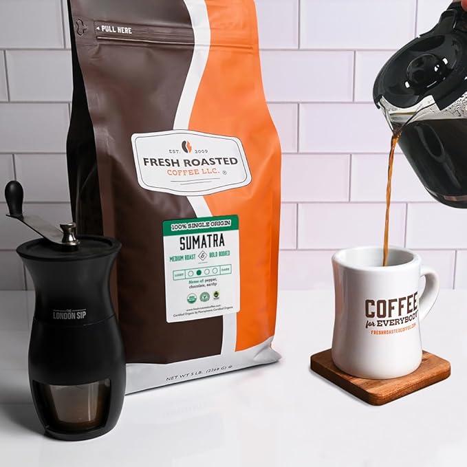 Fresh Roasted Coffee,100% Organic Sumatra | 5 lb (80 oz) | Single Origin | Medium Roast | RFA Kosher | Whole Bean