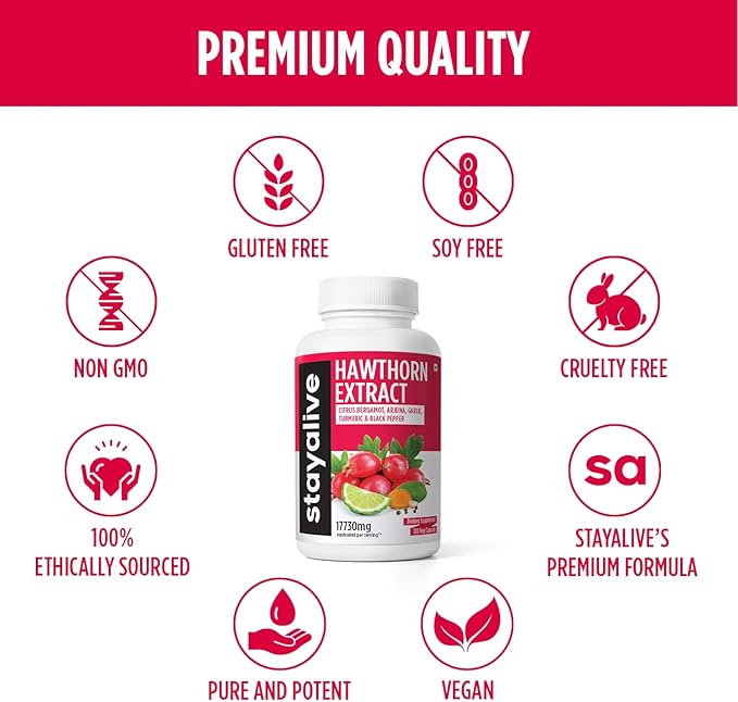 STAY ALIVE Hawthorn Berry Capsules 9000mg, 6000mg, Garlic 1000mg, Turmeric 1125mg, Arjuna 600mg & 120 Vegan
