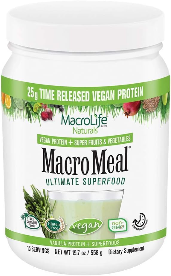 MacroLife Naturals MacroMeal Vegan Protein Powder Superfood Greens Probiotics + Fiber, Immune Energy Digestive Daily Essentials for Women & Men Gluten-Free - (15 Servings) (15 Servings, Vanilla)