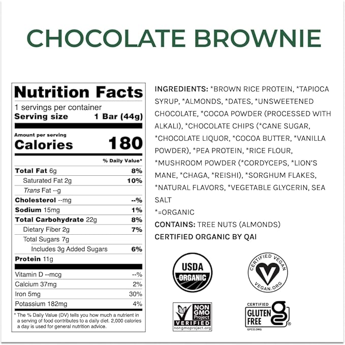 Organic Functional Mushroom Vegan Protein Bars | Made in USA | Full Dose (1500mg) Lions Mane, Chaga, Reishi & Cordyceps Bars | Plant Protein Bars w/Adaptogens & Superfoods | Chocolate Brownie Flavor