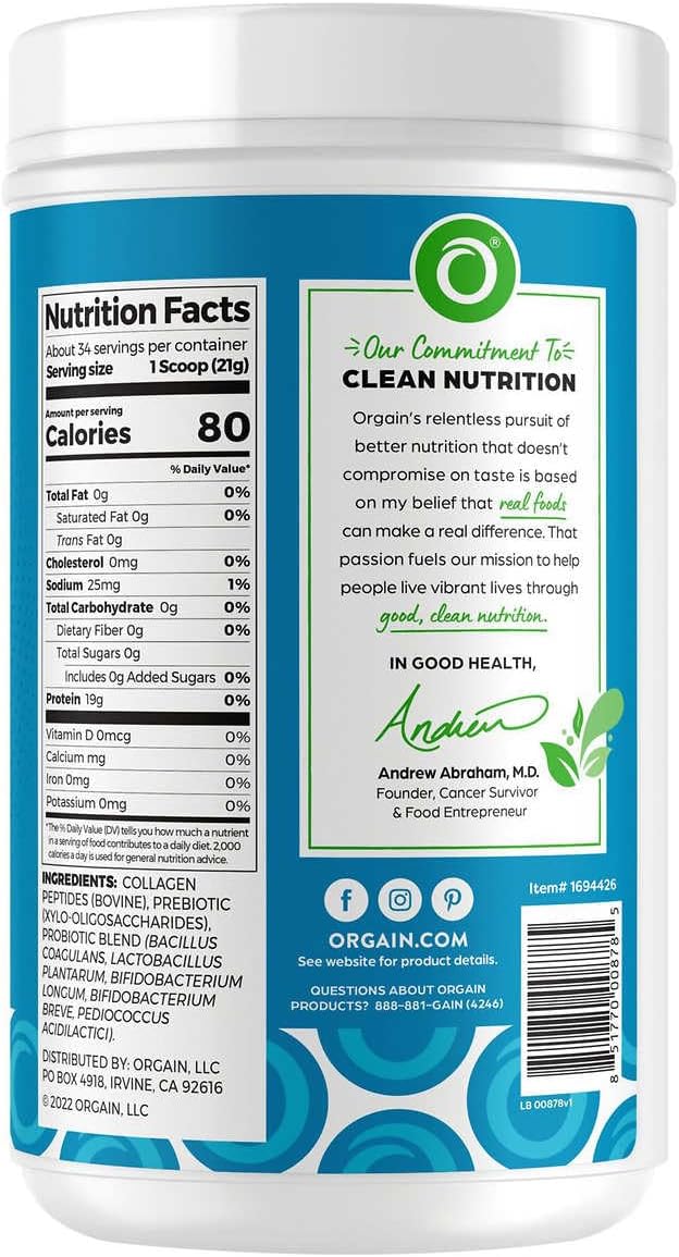 Orgain Collagen Peptides + Probiotics, Unflavored, 1.6 lbs