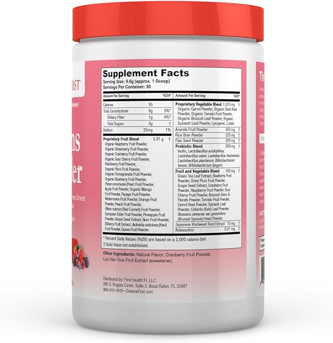 Greens First Original Greens Powder - 49 Superfoods - Organic Fruits & Veggies - Prebiotics, Probiotics & Digestive Enzymes - Antioxidant Smoothie - Dairy Free, Vegan & Non-GMO (Berry, 30 Servings)