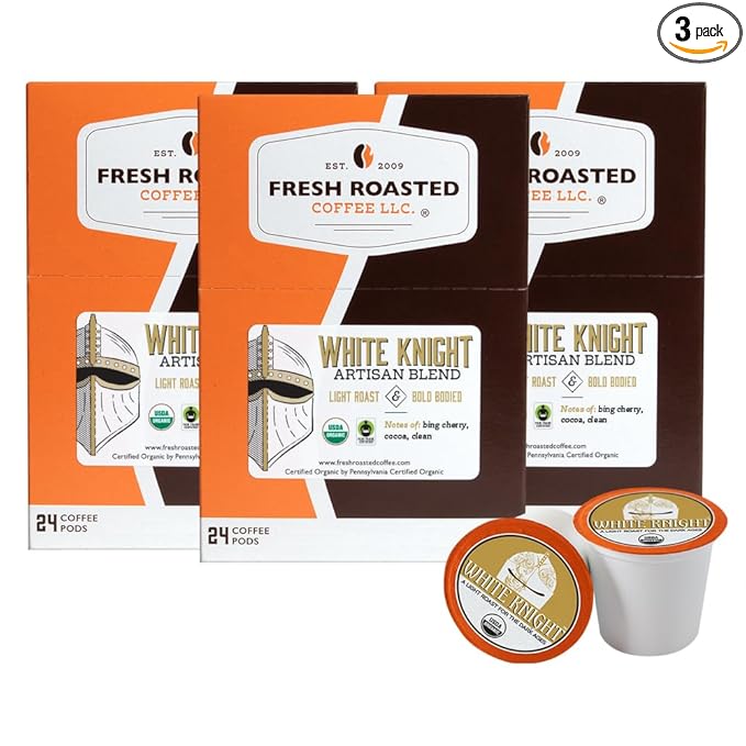 Fresh Roasted Coffee, Organic White Knight, Light Roast, 72 Pods for K Cup Brewers