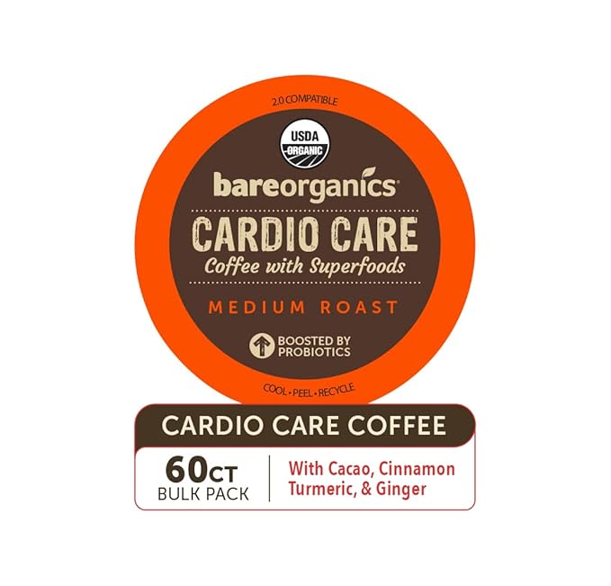 BareOrganics Cardio Care Coffee With Superfoods & Probiotics | Keurig K-Cup Compatible Coffee Pods | USDA Certified Organic, Vegan, Non-GMO & Recyclable 72ct
