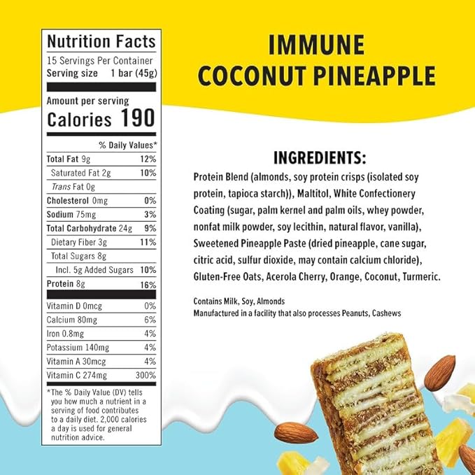 JiMMY'S! Functional Immune Protein Bar - Coconut Pineapple - 15 count - Immune Support with 300% Daily Vitamin C - Immune System Fortifying Ingredients: Vitamin C, Turmeric, Orange, Acerola Cherry and Almonds