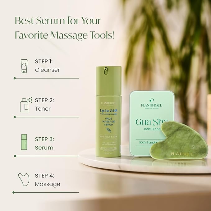 PLANTIFIQUE Korean Jojoba Oil & Hyaluronic Acid Face Massage Serum - Perfect for Gua Sha Facial Tools - Collagen & Niacinamide Gifts Anti-Aging Glow - for Men & Women