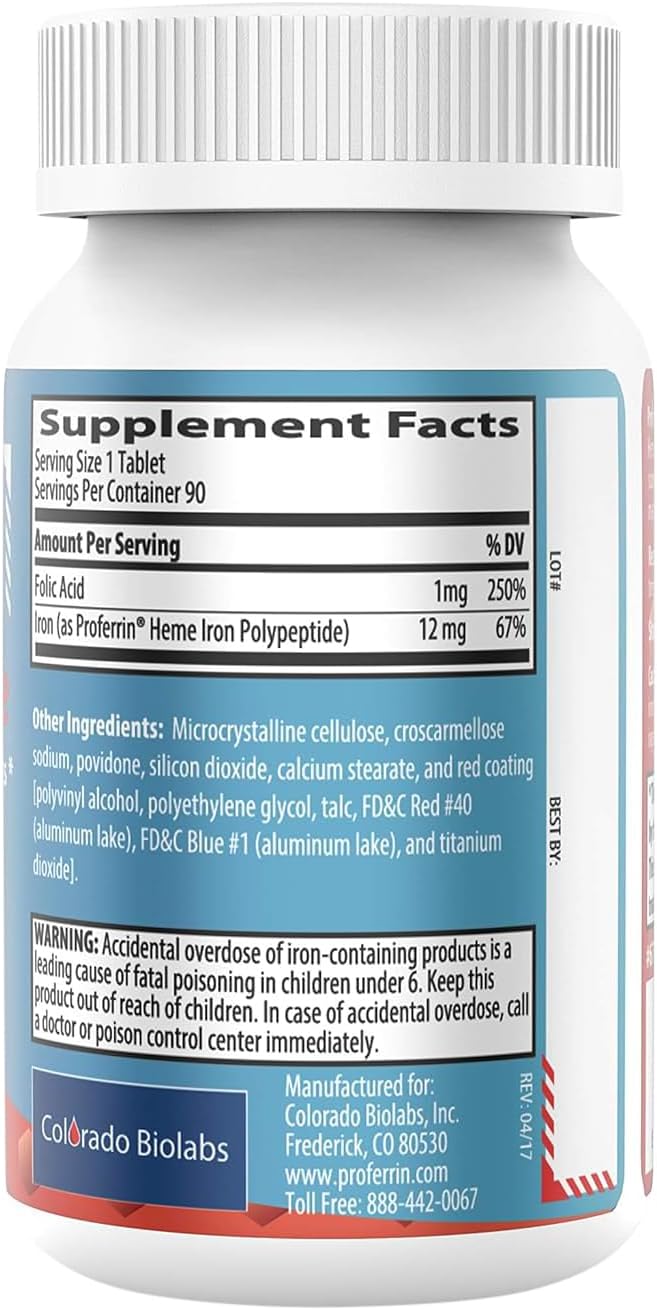 Proferrin Forte-12mg of high Absorbing Heme Iron Polypeptide. Easy on The Gut. 90 Tablets. 1mg of Folic Acid to aid in red Blood Cell Production. Not affected by Coffee, Calcium, or PPI's.