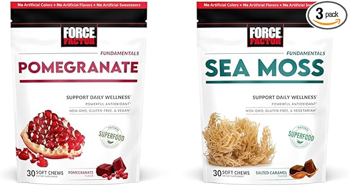 Force Factor Pomegranate & Sea Moss Soft Chews, Superfood Antioxidants for Healthy Aging, Heart Health, Immunity & Digestion Support, Non-GMO, Gluten-Free, 30 Count