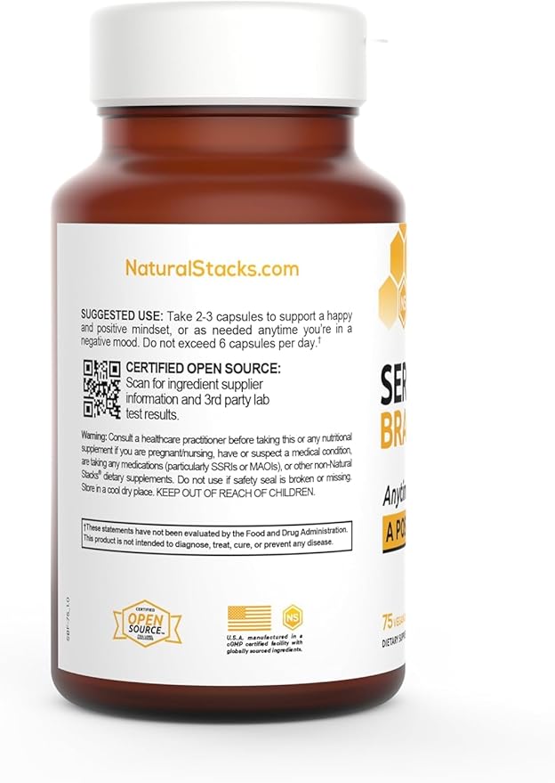 NATURAL STACKS Serotonin Brain Food w/L-Tryptophan & Rhodiola Rosea - Mood Support Supplement - Promotes Positive Mood, Calmness, Stress Relief - Happy Mood & Brain Support Supplement - 75 Capsules