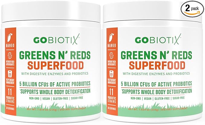 GOBIOTIX Super Greens and Reds Powder - Red and Green Superfood - Probiotic Supplement - Digestive Enzymes and Beet Root Powder - Organic Whole Foods Dietary Supplement (Mango, 2 Pack)