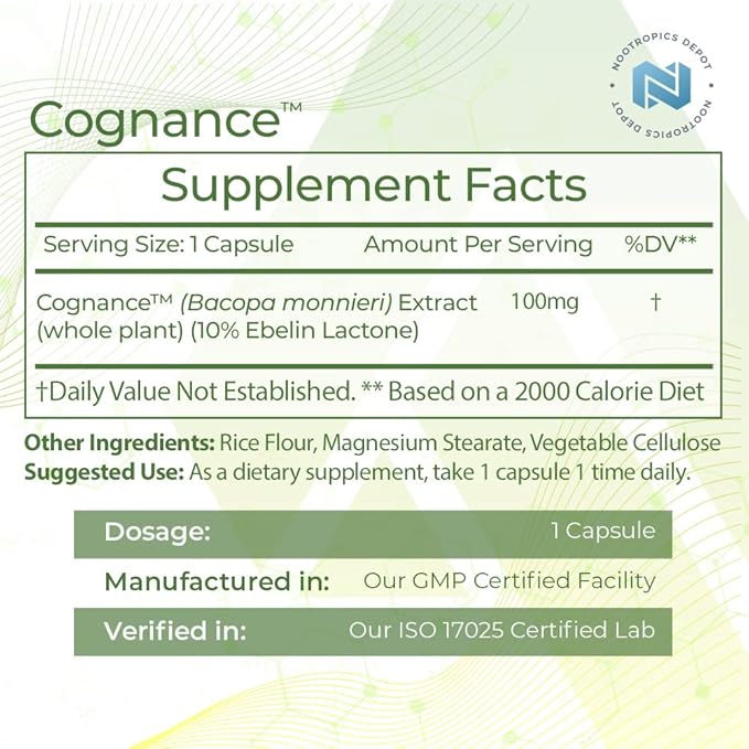 Nootropics Depot Cognance Enhanced Bacopa Capsules 100mg | 10% Ebelin 5-HT2A Activation, 60 Count 1)