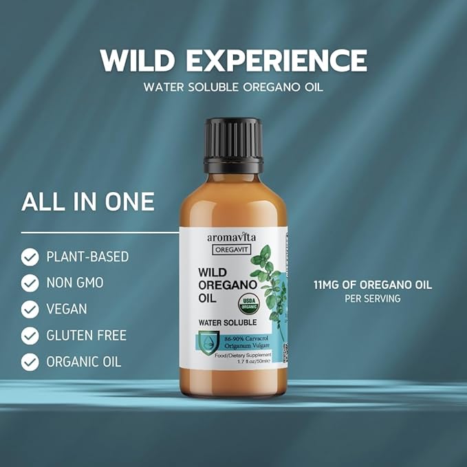 Water Soluble Wild Oregano Oil Organic Liquid Drops - Oregano Oil for Healthy Gums and Sore Throats, Digestive and Immune Support, Respiratory Health