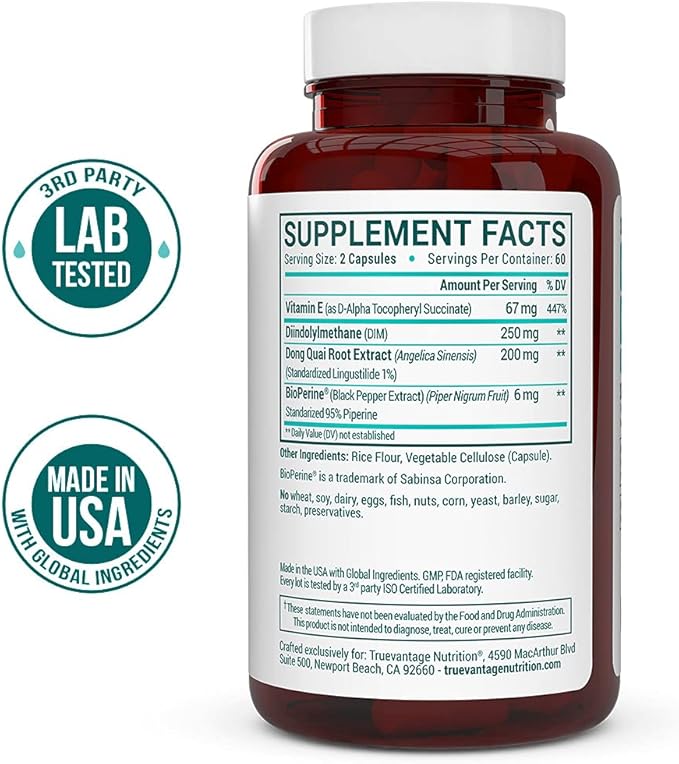 DIM Supplement 250mg (Diindolylmethane)-Plus Dong Quai, Natural Vitamin E & BioPerine - Supports Menopause Relief, PCOS Treatment & Hormonal Acne -Hormone Balance Support for Women and Men-Veggie Caps