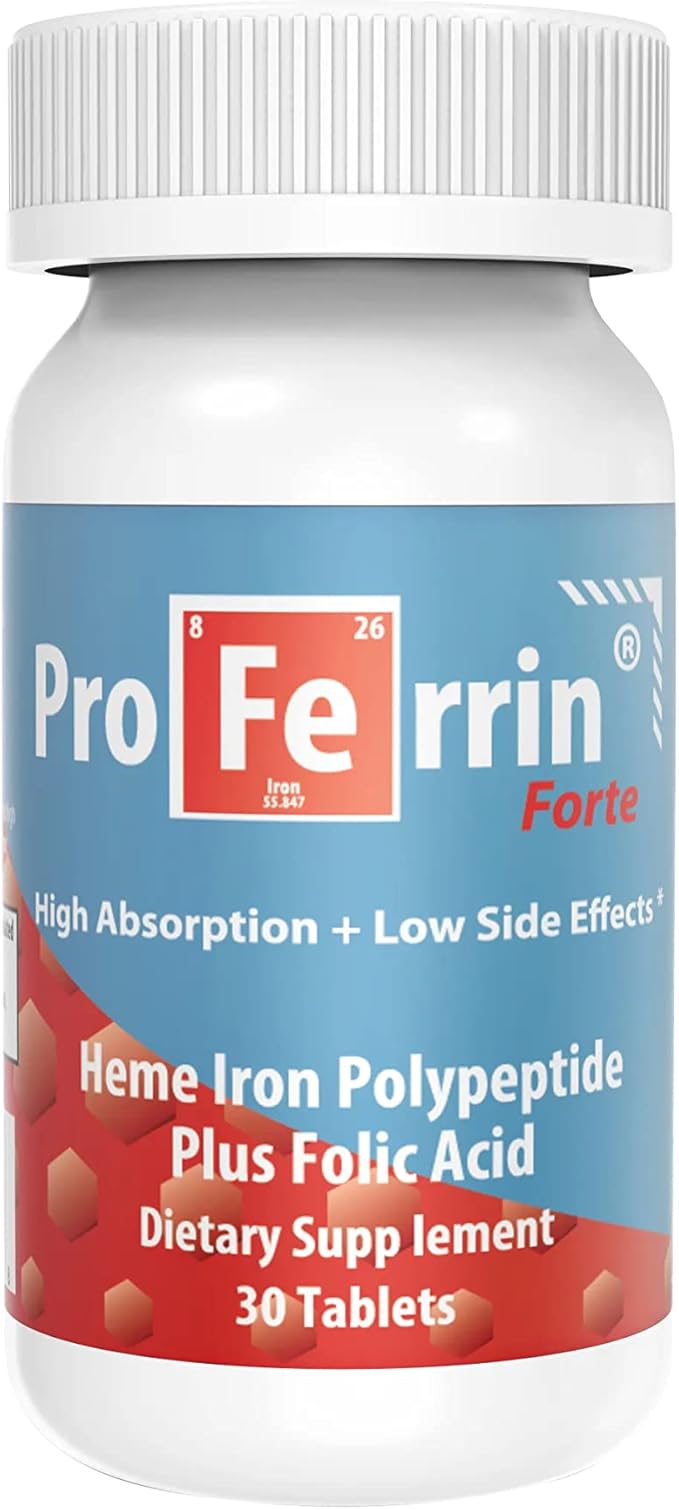 Proferrin Forte-12mg of high Absorbing Heme Iron Polypeptide. Easy on The Gut. 30 Tablets. 1mg of Folic Acid to aid in red Blood Cell Production. Not affected by Coffee, Calcium, or PPI's.