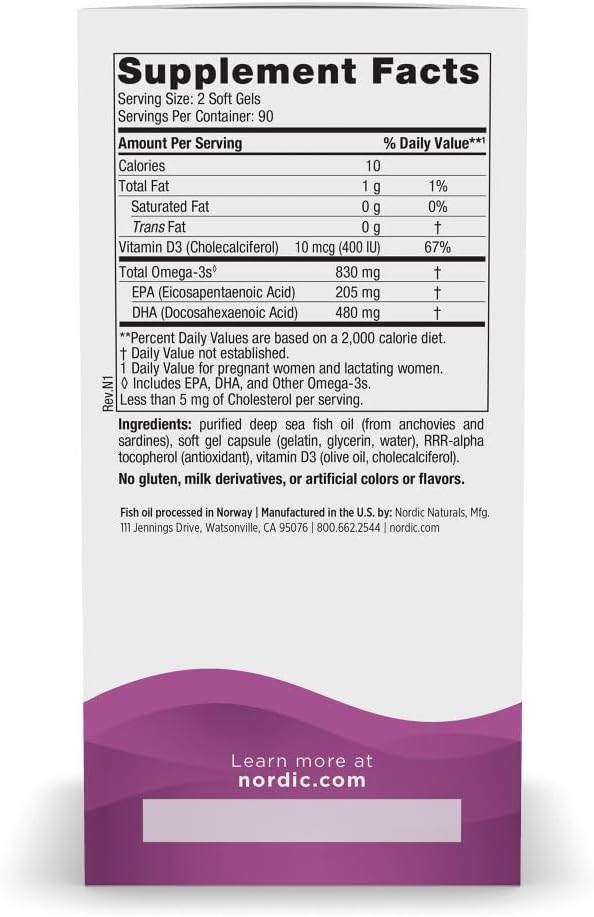 Nordic Naturals Prenatal DHA, Unflavored 180 Soft 830 mg Omega-3 + 400 IU D3 - 90 Servings