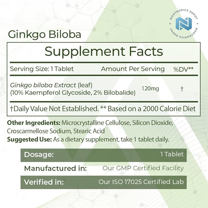 Nootropics Depot Ginkgo Biloba Extract Tablets 120mg | 90 Count 10% Kaempferol 2% Bilobalide