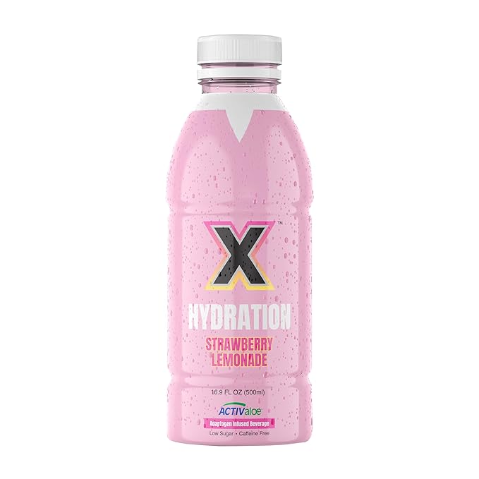 X Hydration 12 Pack- Premium Adaptogenic Fitness Water- Aloe Vera Based with Ashwagandha & Lions Mane- Strawberry Lemonade- Hydration beverage for wellness, performance, immunity and recovery
