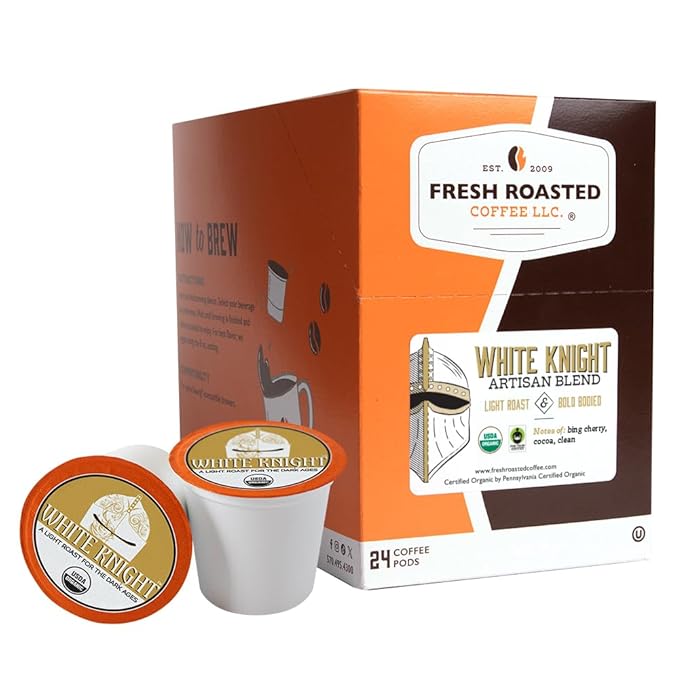 Fresh Roasted Coffee, Organic White Knight, Light Roast, 24 Pods for K Cup Brewers