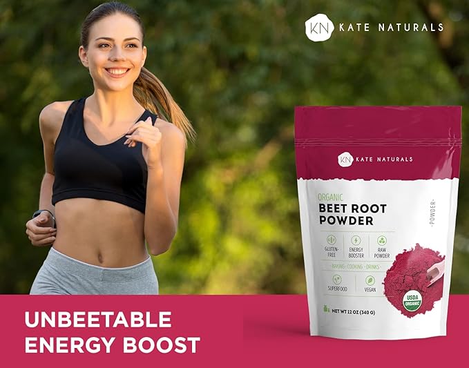 Kate Naturals Beet Root Powder for Baking & Smoothies (12 oz) USDA Organic Beetroot Powder & Nitric Oxide Supplement for Increase Energy & Stamina Pre Workout. Gluten Free Organic Beet Powder