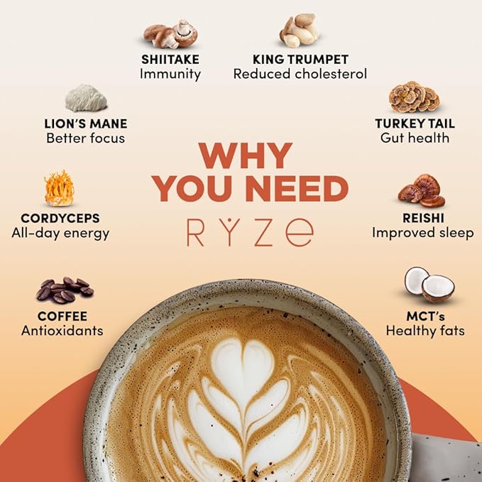 RYZE Starter Kit | Mushroom Coffee Bundle | 6 Adaptogenic Mushrooms | USDA Organic | Instant Coffee | MCT Oil | USA Grown | Better Energy, Focus, Digestion, Immunity | 60 servings