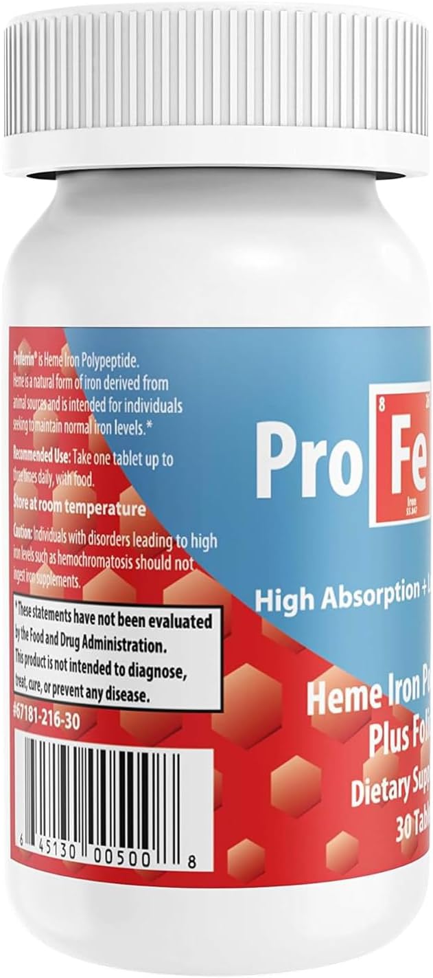 Proferrin Forte-12mg of high Absorbing Heme Iron Polypeptide. Easy on The Gut. 30 Tablets. 1mg of Folic Acid to aid in red Blood Cell Production. Not affected by Coffee, Calcium, or PPI's.