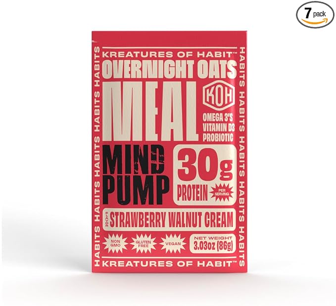 Kreatures of Habit Meal One | Overnight & Instant Superfood Protein Meal Replacement | Gluten Free, Dairy Free, 30g of Plant Based Protein, With No Added Sugar | Strawberry Walnut Cream | Pack of 7