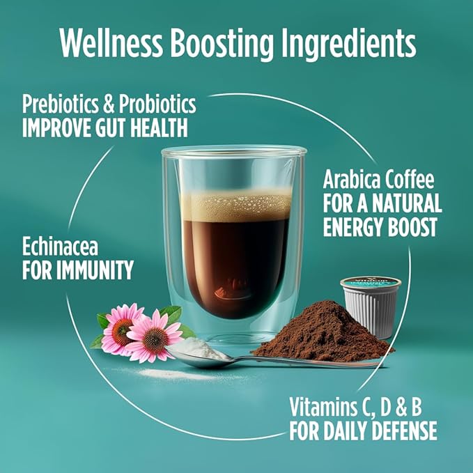 VitaCup Immunity Coffee Pods, Wellness Boost with Antioxidants, Echinacea, Probiotics, Vitamin C & D3, Medium Dark Roast, Recyclable Single Serve Pod Compatible with Keurig K-Cup Brewers,16 Ct