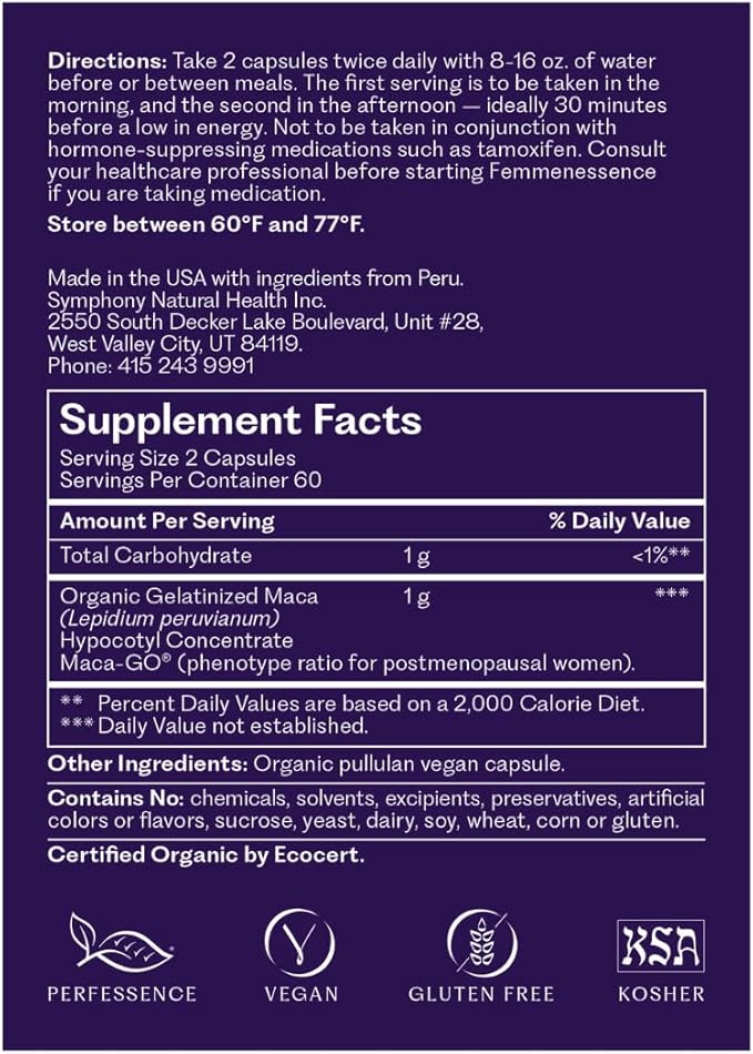 Femmenessence MacaPause – Clinically Proven for Post Menopause, Natural Hormone Balance Supplements for Women, Bone and Heart Health, Symptom Relief, Organic Maca Root Capsules (360)