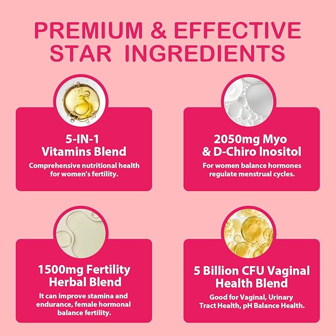 Fertility Supplements for Women, Prenatal Vitamins with Myo-Inositol & D-Chiro Inositol, Folate, Herbs, for Hormonal Balance, Fertility & Vaginal Care, 240 Prenatal Gummies (Raspberry)