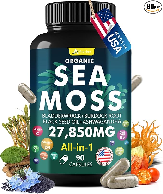 Sea Moss Capsules with Black Seed Oil, Ashwagandha, Ginger, Vitamin C & D3 - Advanced Sea Moss Pills, Superfood with Bladderwrack, Elderberry, 90 Tablets