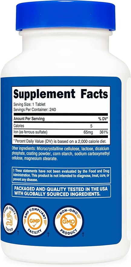 Nutricost Iron (As Ferrous Sulfate) 65mg, 240 Tablets - Non-GMO, Gluten Free