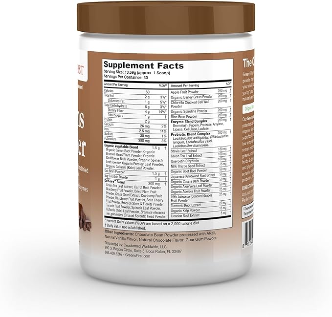 Greens First Original Greens Powder - 49 Superfoods - Organic Fruits & Veggies - Prebiotics, Probiotics, Digestive Enzymes - Antioxidant Smoothie - Dairy Free, Vegan, Non-GMO (Chocolate, 30 Servings)