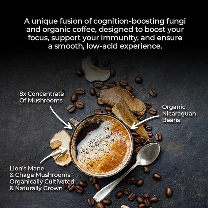 Lifeboost Cognition Adaptogenic Mushroom Coffee - Lions Mane & Chaga Nootropic Coffee - Great Tasting Medium Organic Coffee - Increase Energy, Boost Focus & Immune Support - 12 oz Bag - Ground
