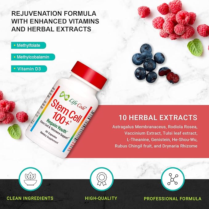 Stem Cell 100+: Multi-Pathway Anti-Aging & Regeneration Supplement Supports Stem Cells, Telomeres, Longevity Genes, Vascular Circulation, Neural Function, Autophagy, and More