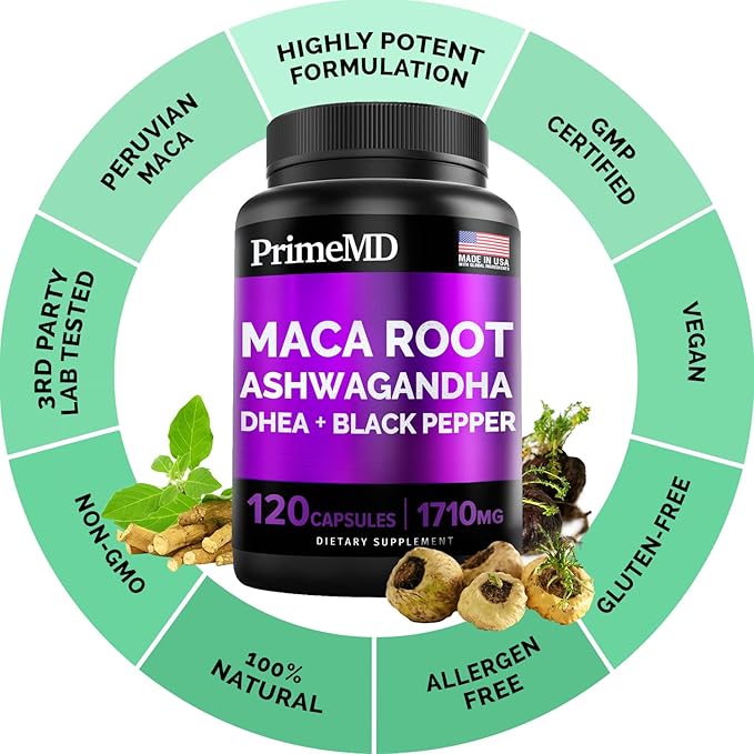 6-in-1 Organic Maca Root & Ashwagandha 1710mg w/DHEA Supplement,120 Capsules (40 Servings)