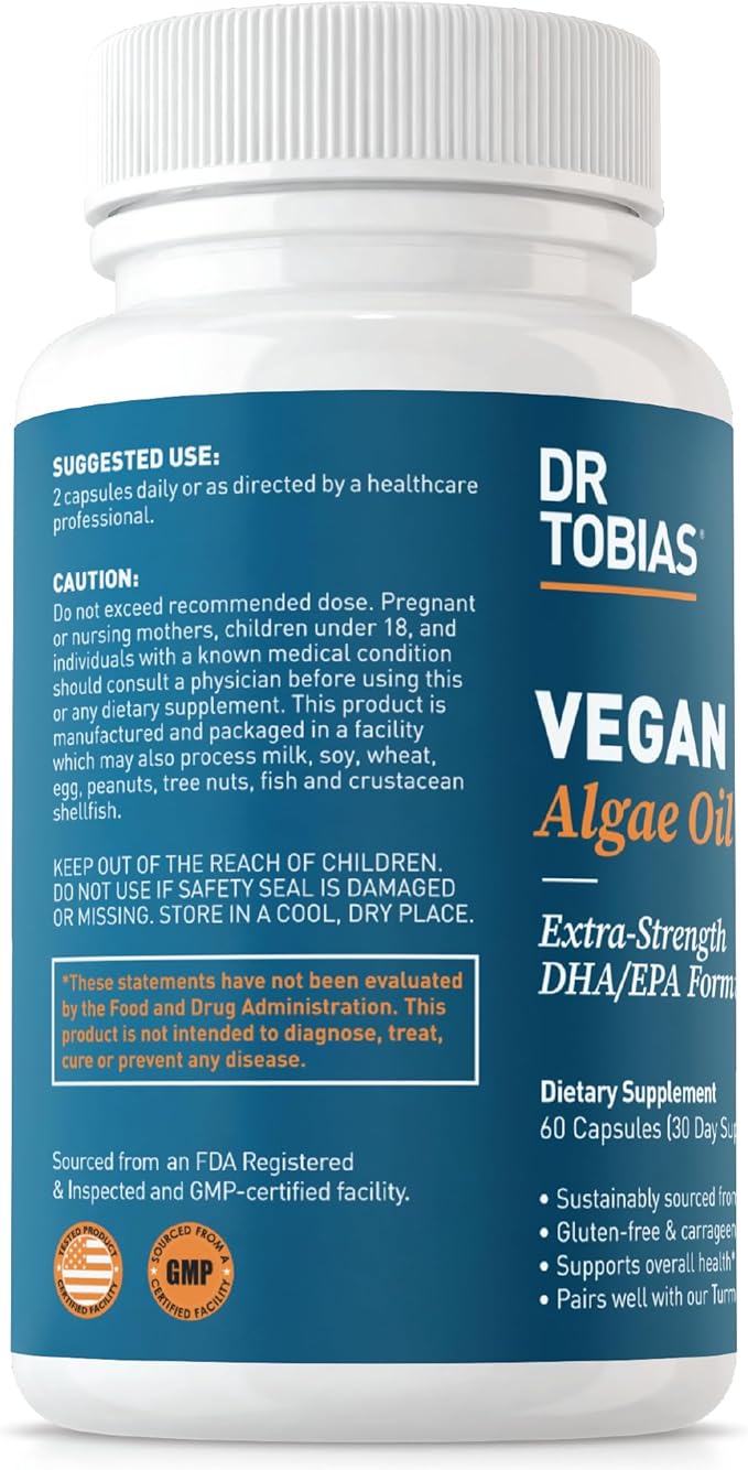 Dr. Tobias Vegan Omega 3 Supplement 1400mg Algae 420mg DHA, 210mg EPA 60 Capsules, 30 Servings