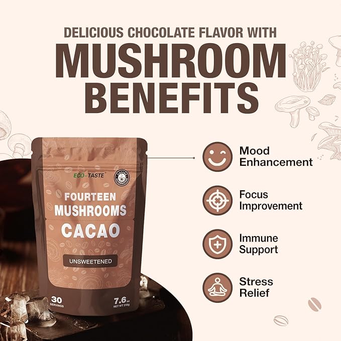 Mushroom Coffee Alternative 14 in 1 - 30 Servings, Cacao with 800mg Mushrooms - Lion's Mane, Reishi, Maitake, Turkey Tail, Chaga Fruiting Body Extract, 30% Beta-Glucan for Focus & Energy Support, 7.6 oz