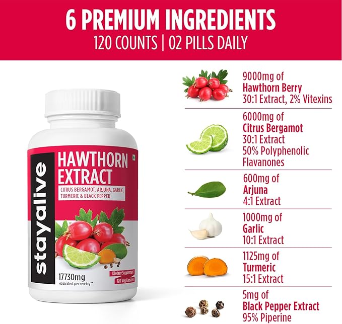 STAY ALIVE Hawthorn Berry Capsules 9000mg, 6000mg, Garlic 1000mg, Turmeric 1125mg, Arjuna 600mg & 120 Vegan