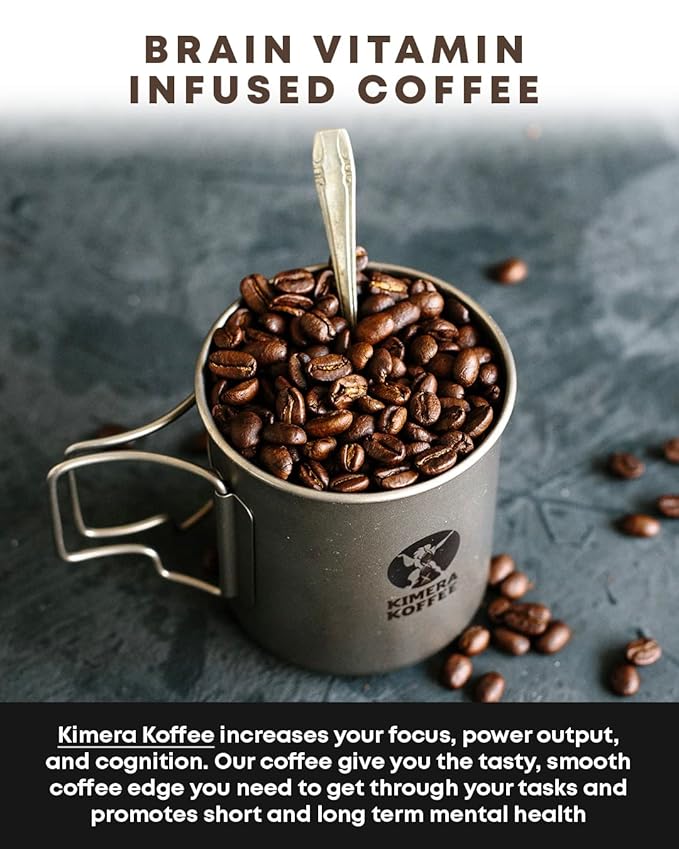 Kimera Koffee Original Blend - Organic Medium Roast Ground Coffee, Vitamin-Infused with Taurine, Alpha GPC, DMAE, L-Theanine for Cognitive Support & Athletic Performance, 12oz