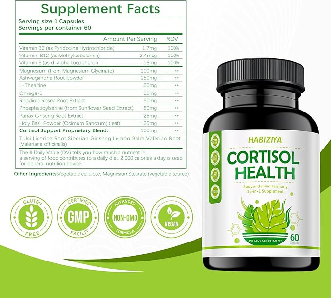 Cortisol Support Supplement with Magnesium Glycinate, L-Theanine, Ashwagandha, Phosphatidylserine,Rhodiola Rosea 15-in-1 Hormone Balance for Women Men Mood, Focus, Sleep Support 60 Capsules