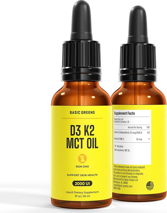 D3+K2 with MCT Oil - High Absorption Liquid Dietary Supplement, Drops for Bone, Heart & Immune Support, Non-GMO, Vegan-Friendly, 1 fl oz