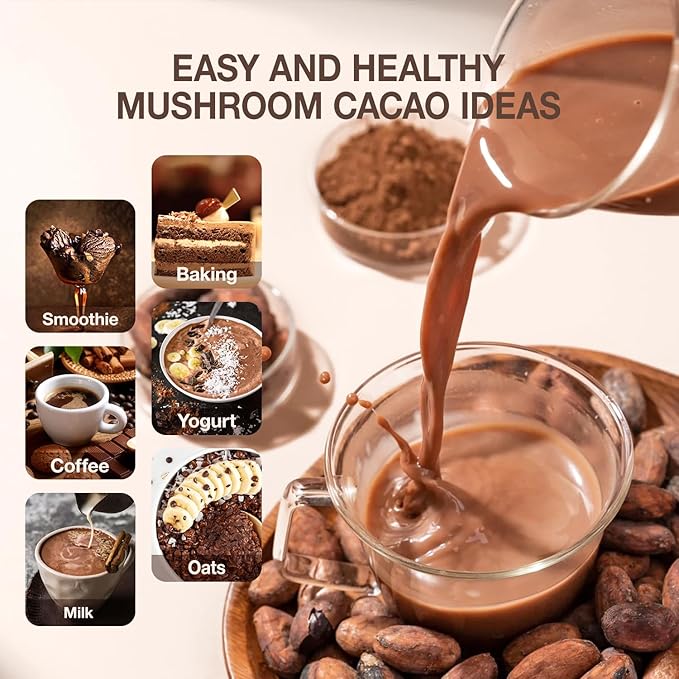 Mushroom Coffee Alternative 14 in 1 - 30 Servings, Cacao with 800mg Mushrooms - Lion's Mane, Reishi, Maitake, Turkey Tail, Chaga Fruiting Body Extract, 30% Beta-Glucan for Focus & Energy Support, 7.6 oz