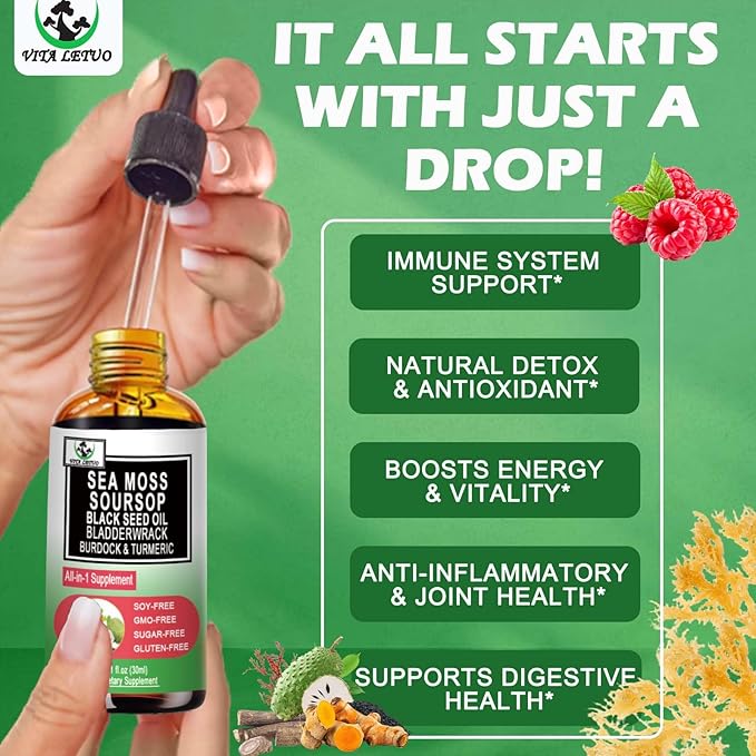 Sea Moss Black Seed Oil Soursop Liquid Drops with Bladderwrack Burdock Root Turmeric - Multimineral & Vitamins Superfood Drops Organic Non-GMO for Immune & Digestive & Cell Support Skin Hair