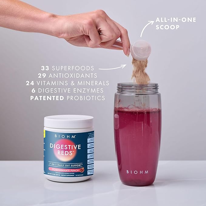 BIOHM Digestive Reds, Superfood Powder, Antioxidants, Vitamins, Probiotics, Digestive Health for Women and Men with Enzymes, Beets, Goji, Pomegrante, Red Berry Flavor (30 Servings)