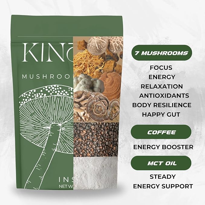 Mushroom Coffee with MCT Oil Blend of 7 Adaptogenic Mushrooms Enhanced Focus, Energy – Instant Creamy Coffee Mix Premium Quality, Crafted in the USA Kinoko Mushroom Coffee