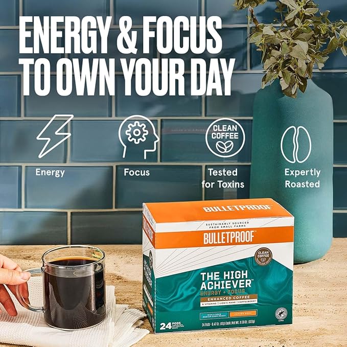 Bulletproof The High Achiever Single-Serve Pods, 24 Count, Medium-Dark Roast Enhanced Coffee with Lion's Mane Mushroom, B Vitamins, and Adaptogens for Energy and Focus