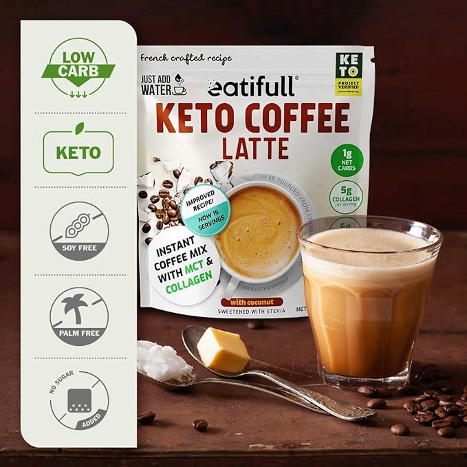 Eatifull Keto Coffee Latte - Instant Coffee (5g) of Collagen & MCT Oil - Sugar-Free, Stevia-Sweetened, High Protein (6g) - Medium Roast - Boosts Energy & Metabolism - 1 Bag