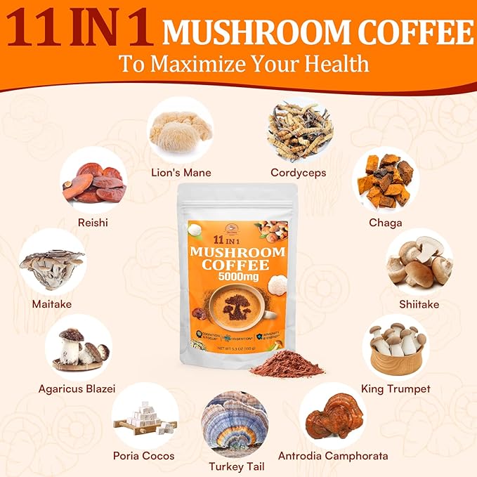 Mushroom Coffee - Mushroom Coffee Organic with 11 Superfood Mushrooms, Includes Lion's Mane, Reishi, Chaga, Cordyceps and Adaptogens, Mushroom Supplement for Energy, Focus, Memory and Immunity - 5.3oz