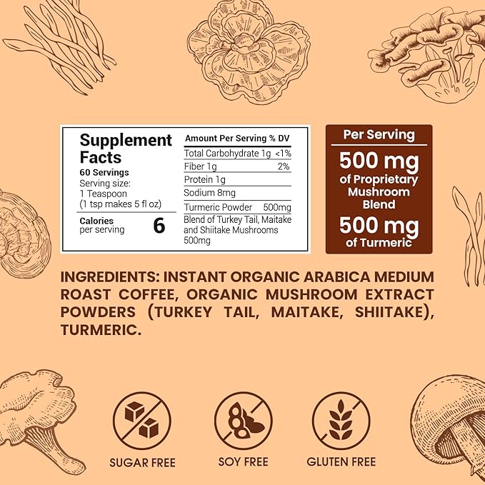Skinny Instant Mushroom Coffee Organic (60 Servings) Mental Focus Plus Diet Support - Turkey Tail, Maitake, Shiitake & Turmeric, Mixed With Gourmet 100% Arabica Medium Roast Instant Coffee