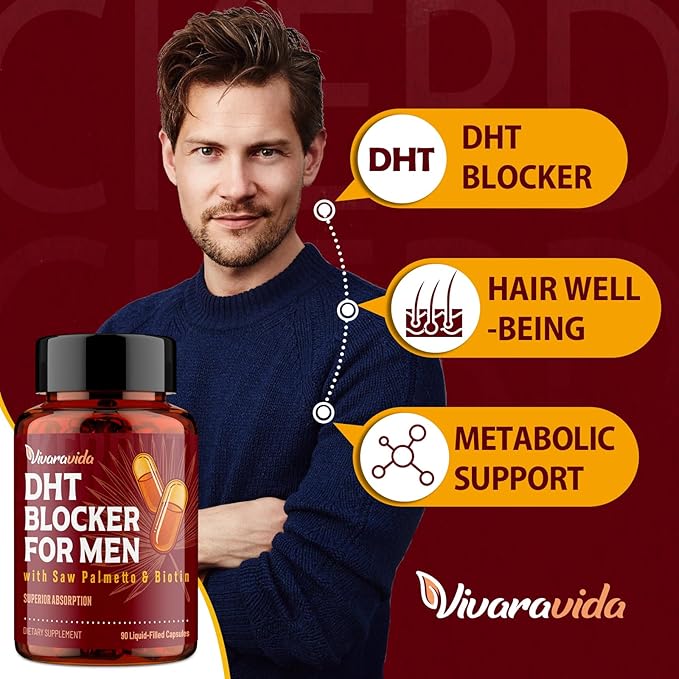 DHT Blocker for Men | Hair Growth Supplement with Saw Palmetto & Biotin - Hair Growth Vitamins - Hair Regrowth - Natural Hair Loss Supplements Liquid-Filled - Proprietary Herbal Blends (90 Capsules)
